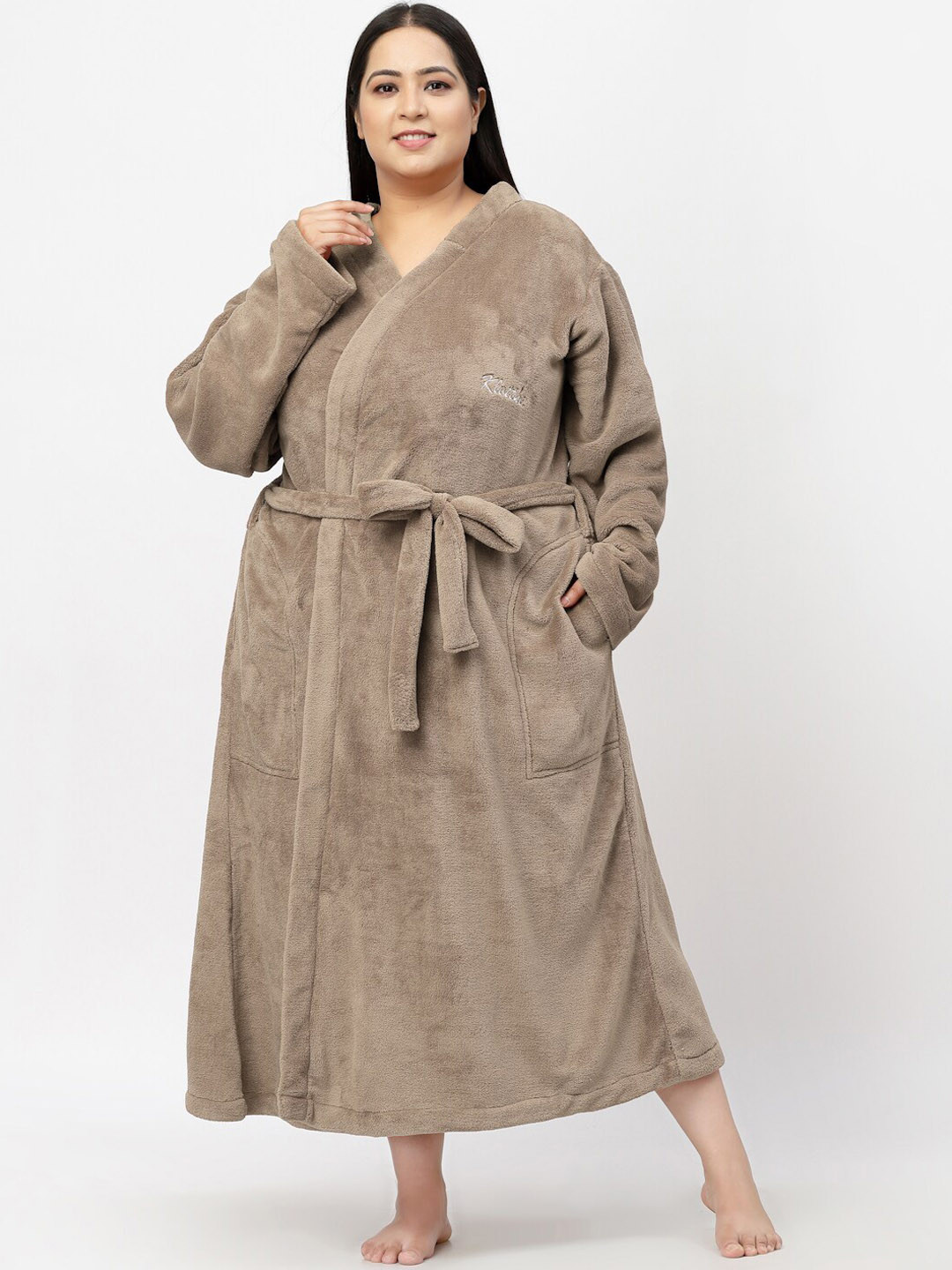 KLOTTHE Brown Solid Wool Drawstring Midi Bath Robe-2XL