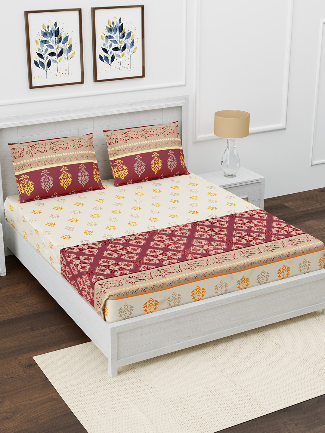 AVI Printed Bedsheet Maroon Ethnic Motifs Cotton 180 TC Queen Fine Bedsheet with 2 Pillow Covers-182.88 x 182.88 cm