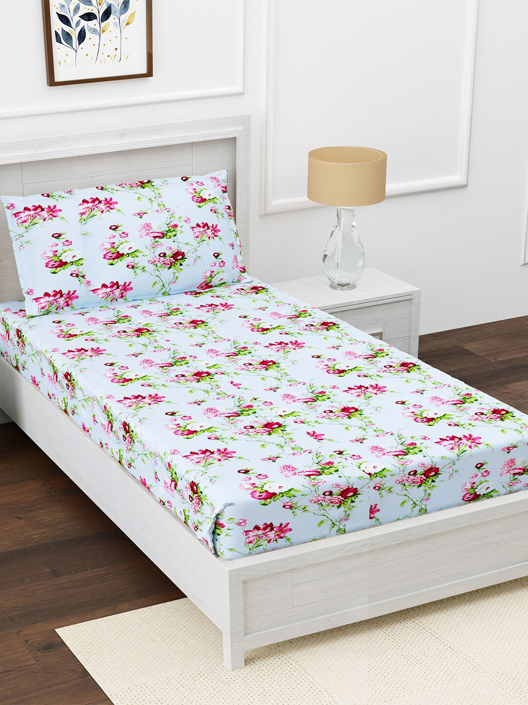 AVI Pink Floral Cotton 180 TC Single Fine Bedsheet with a Pillow Cover-228.6 x 137.2 cm