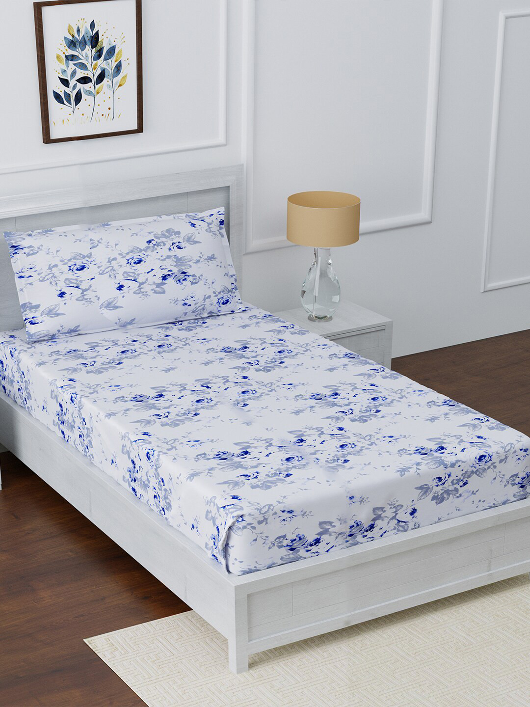 AVI Blue Floral Cotton 180 TC Single Fine Bedsheet with a Pillow Cover-152 x 229 cm