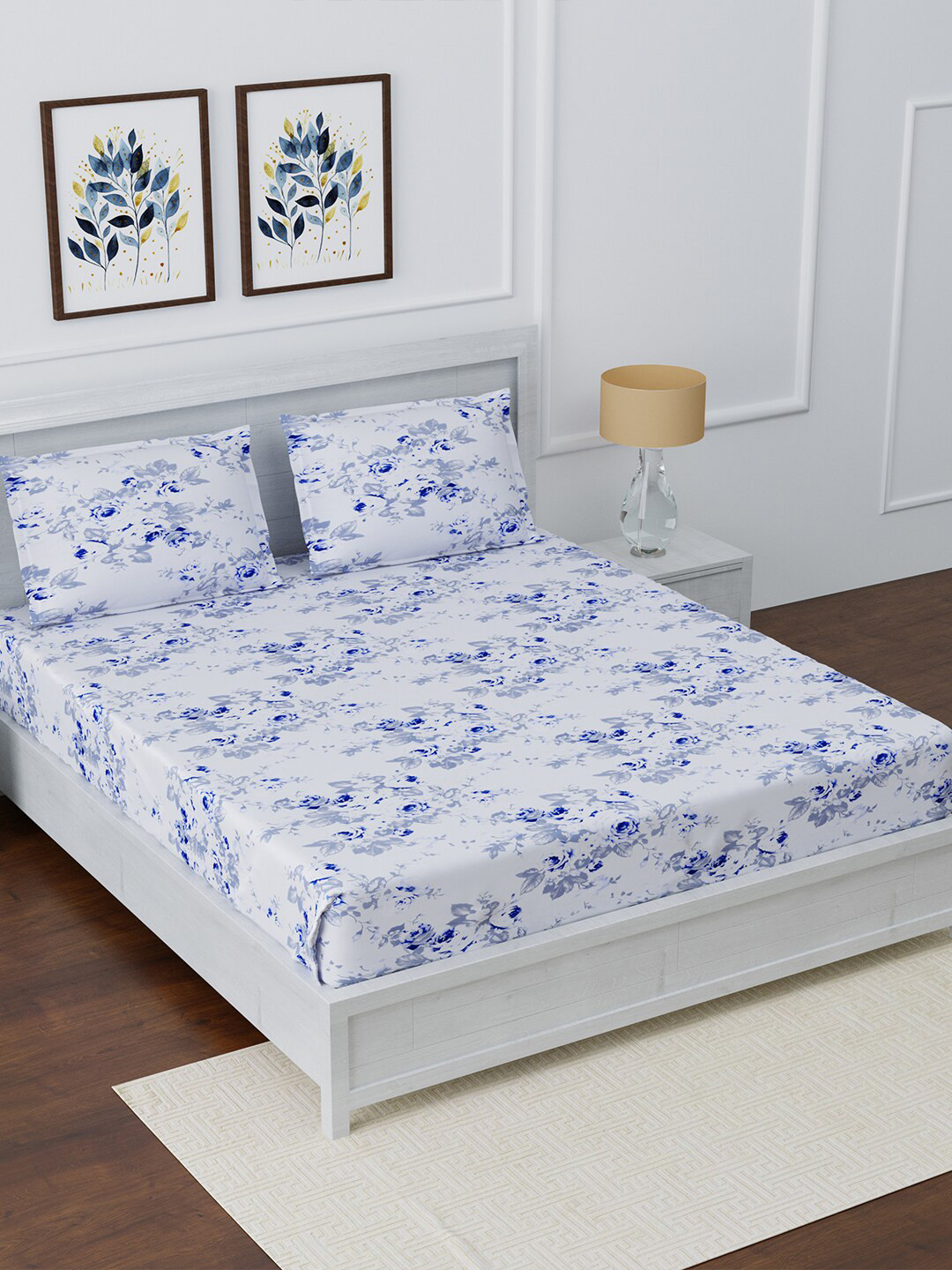 AVI Blue Floral Cotton 180 TC Fitted King Fine Bedsheet with 2 Pillow Covers-88 x 95 inches