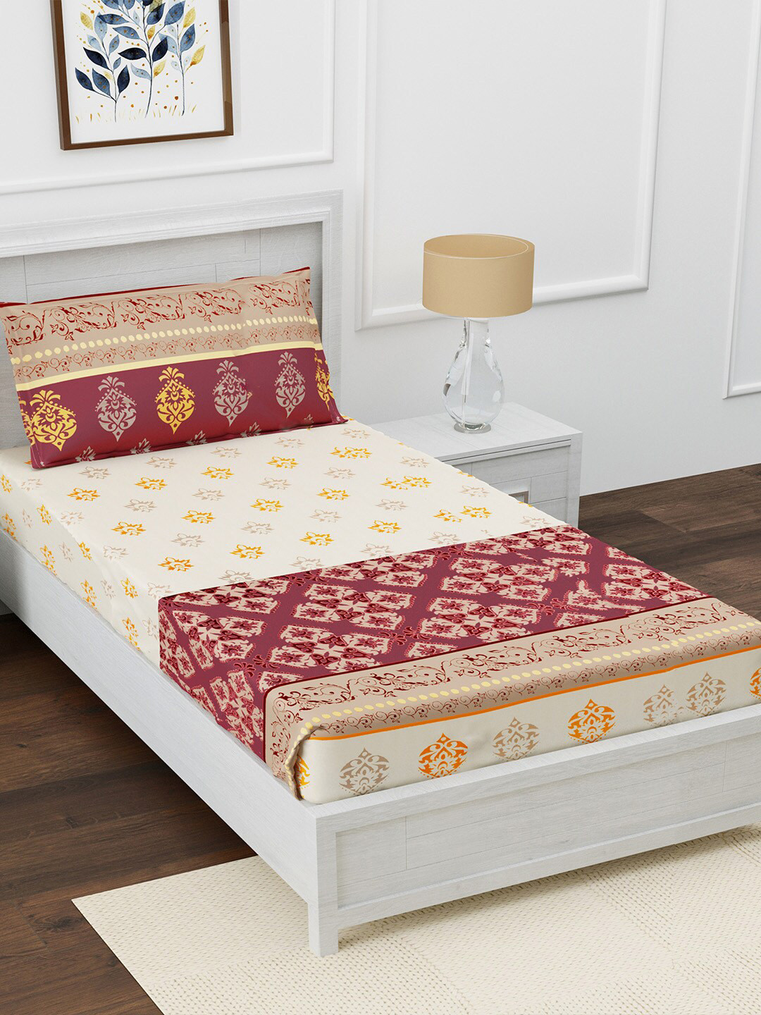 AVI Suzhou Maroon Ethnic Motifs Cotton 180 TC Single Fine Bedsheet with a Pillow Cover-228.6 x 137.2 cm