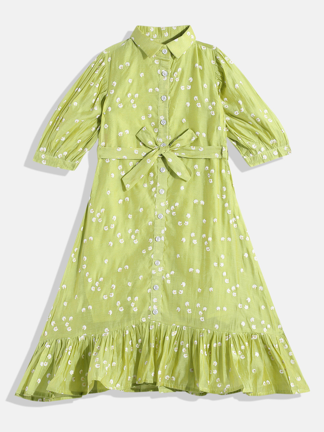 Ethnovog Girls Green Floral Shirt Midi Dress