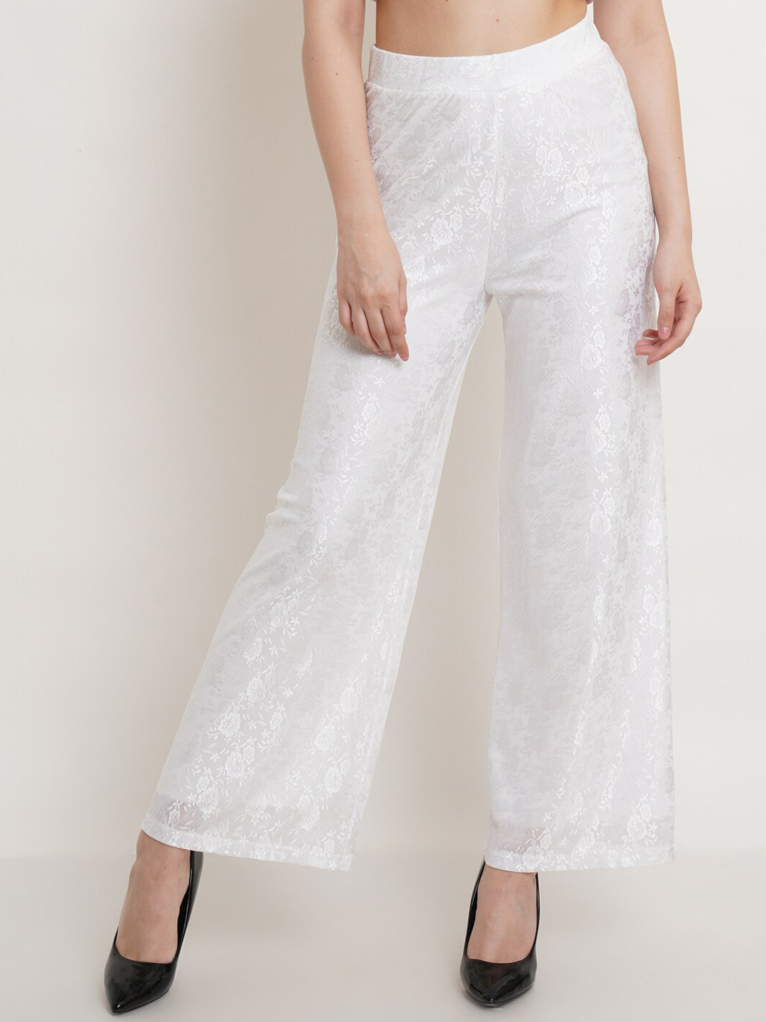 Popwings Women White Floral Relaxed Straight Leg Flared High-Rise Easy Wash Trousers
