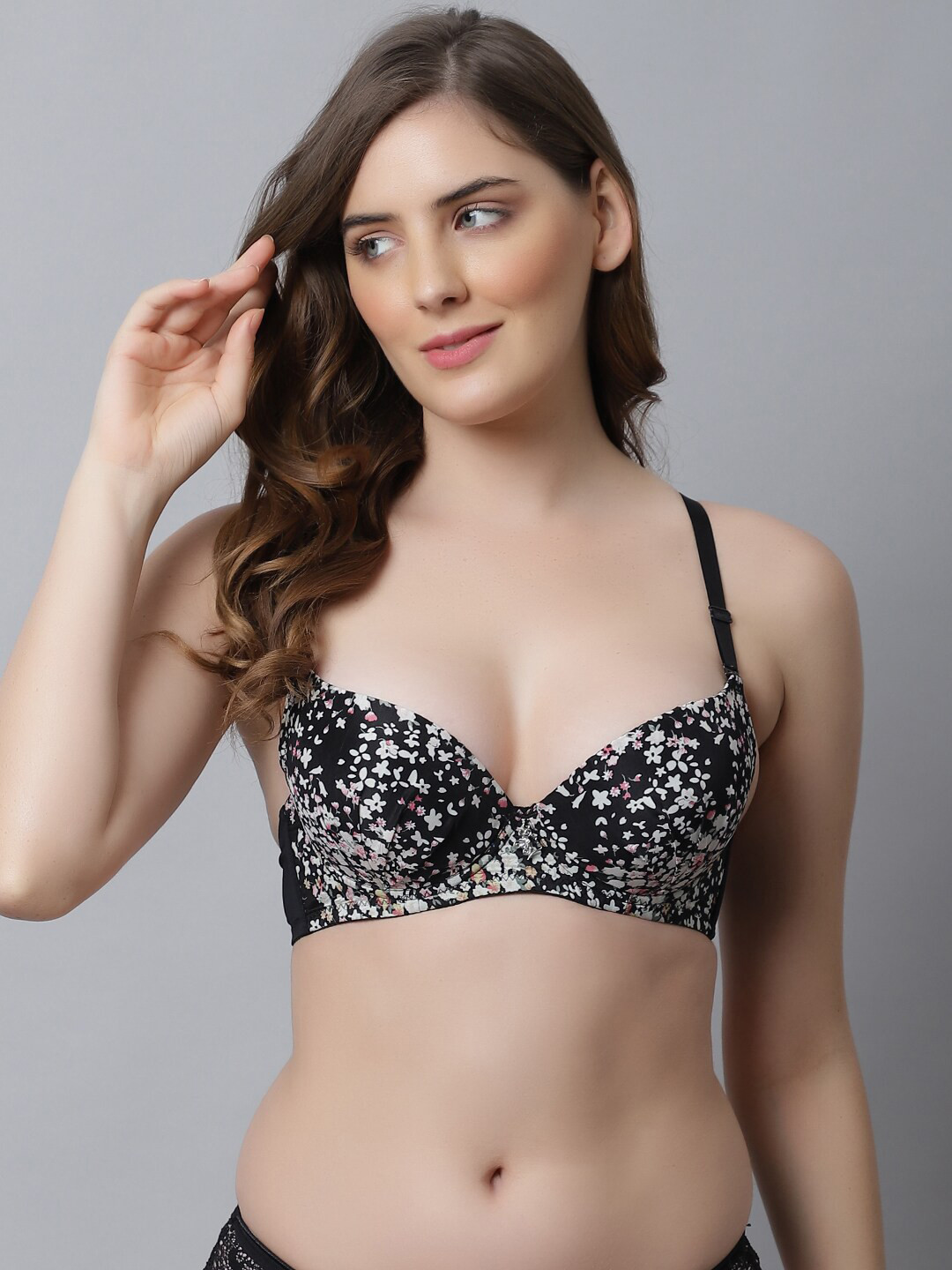 Friskers Black Floral Bra Underwired Lightly Padded