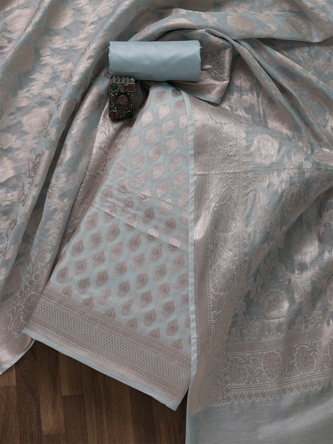 Koskii Grey & Silver-Toned Art Silk Unstitched Dress Material