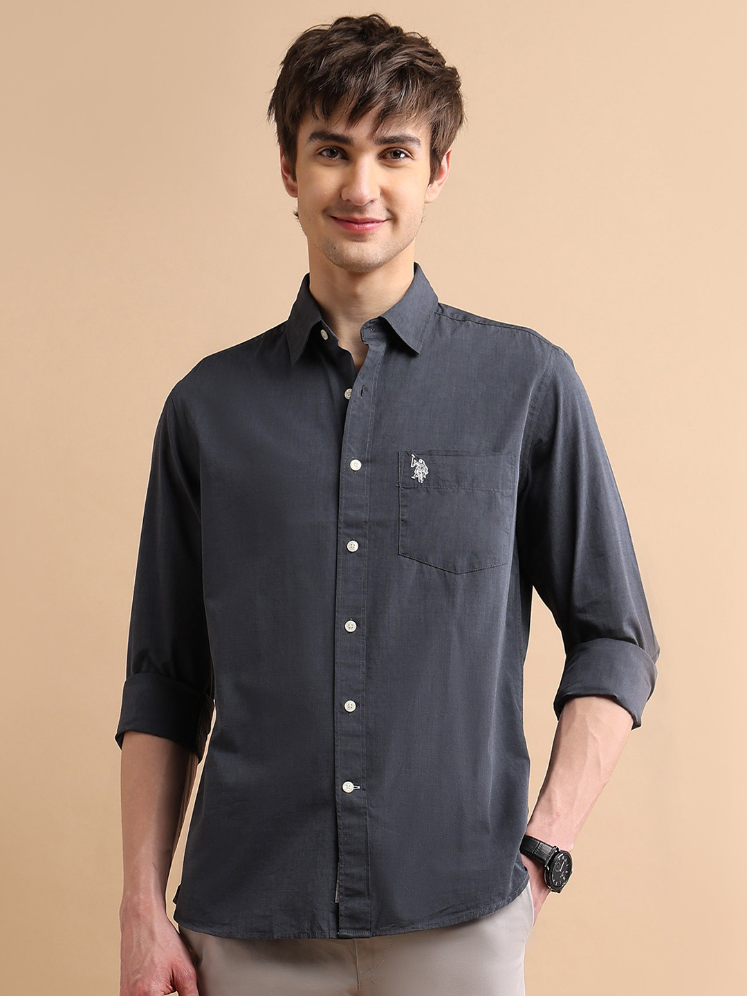 U.S. Polo Assn. Men Grey Textured Cotton Shirt