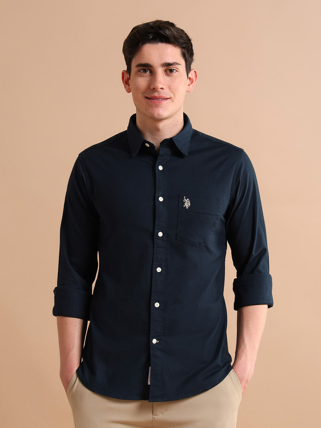 U.S. Polo Assn. Men Blue Casual Stretchy Twill Shirt