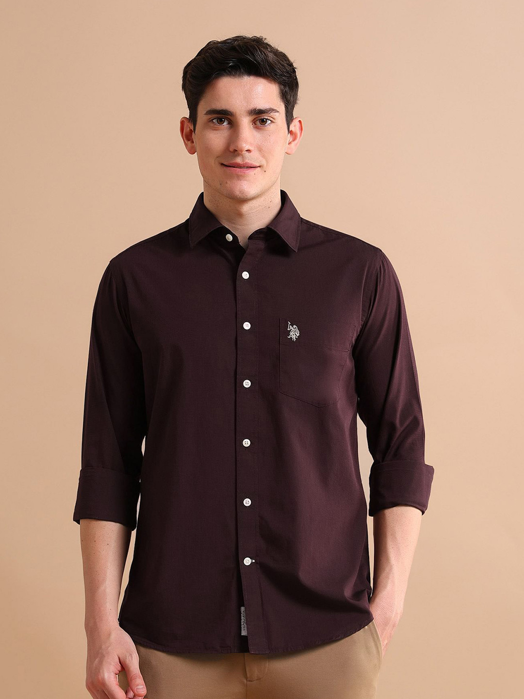 U.S. Polo Assn. Men Red Textured Cotton Shirt