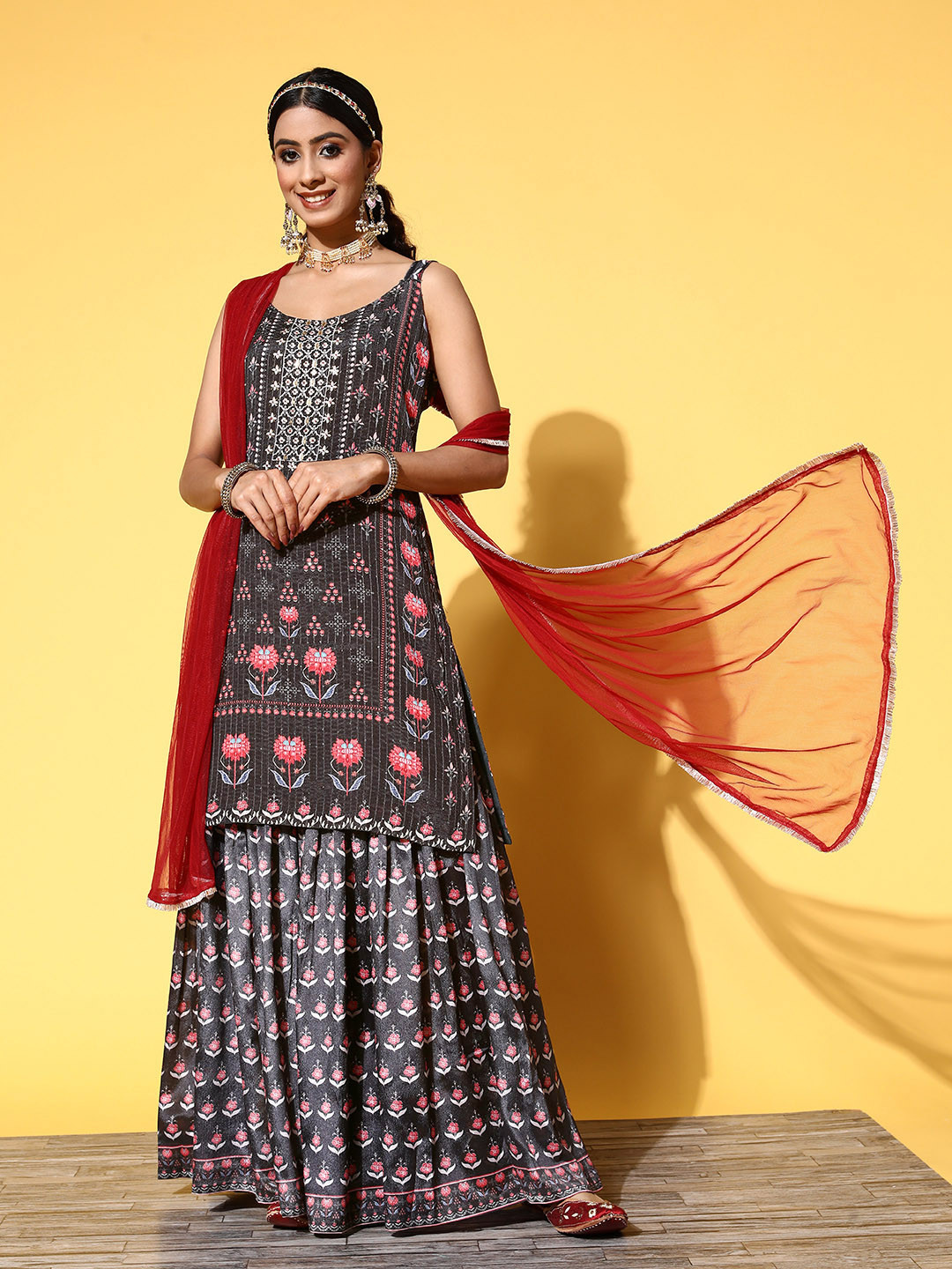 Varanga Women Black Floral Printed Beads and Stones Kurta with Sharara & With Dupatta