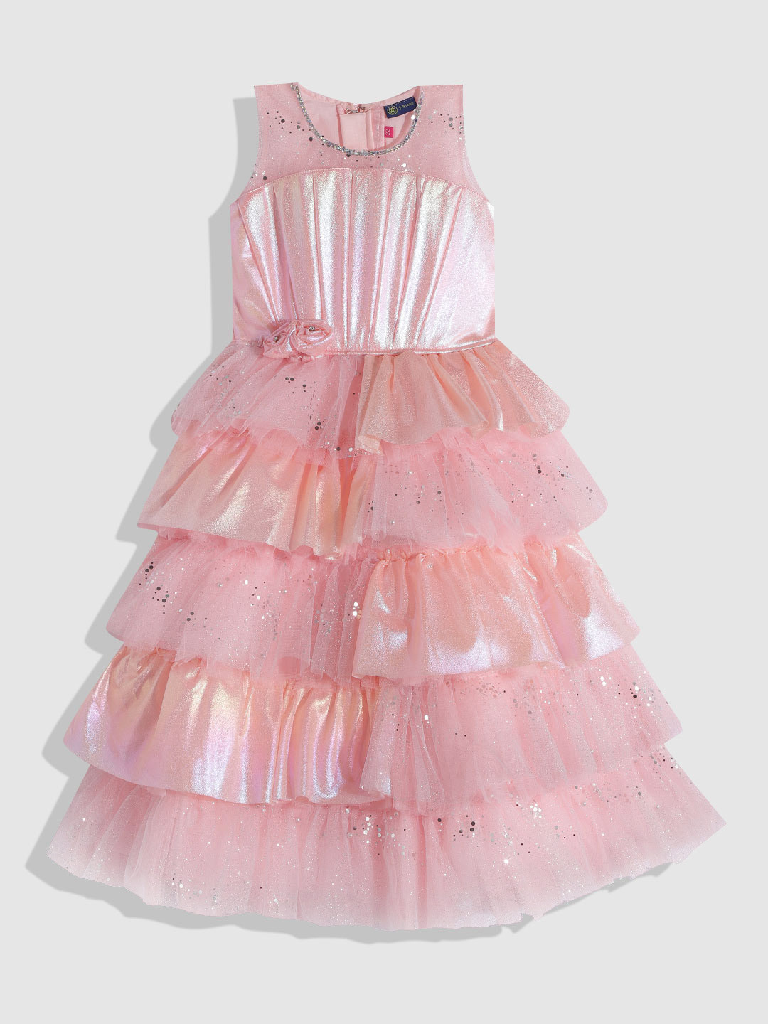 YK Girls Peach-Coloured Embellished Satin Maxi Dress