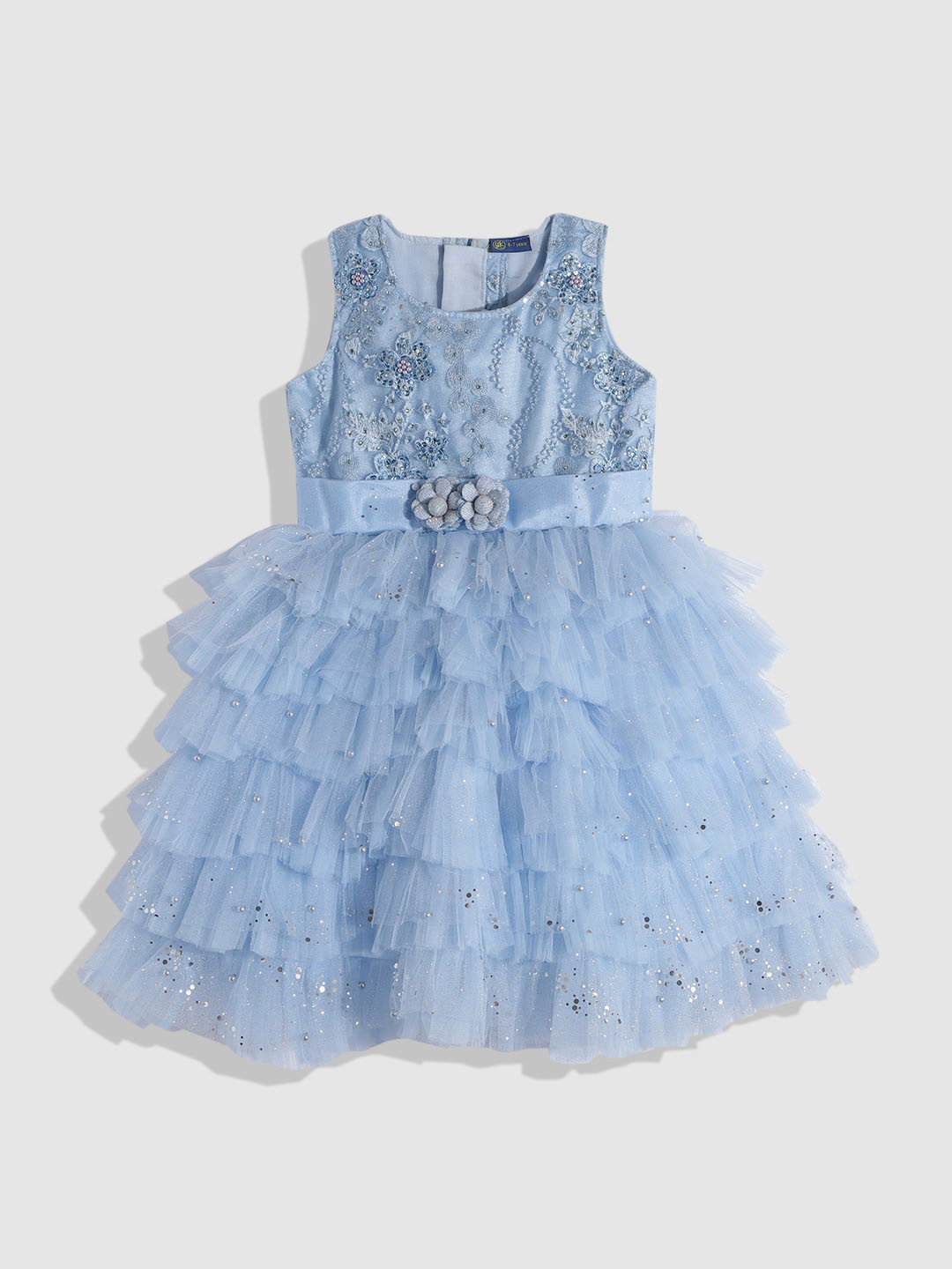 YK Girls Blue Floral Embroidered Satin Maxi Dress