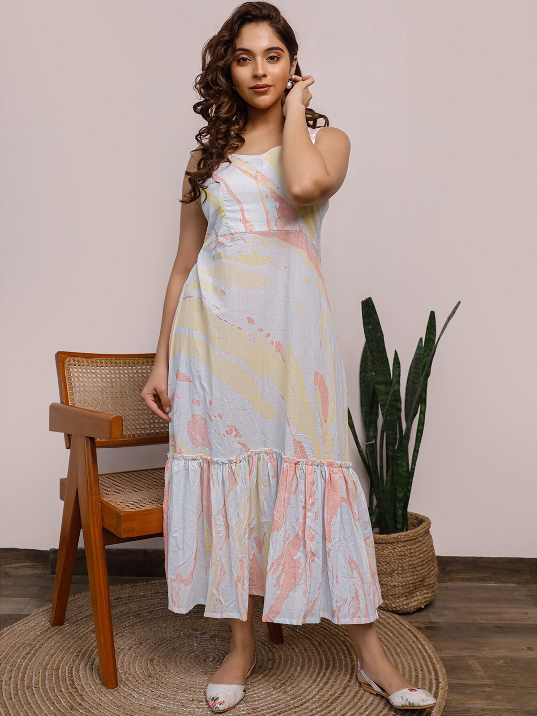 PHEETA Women Blue A-Line Pure Cotton Maxi Dress