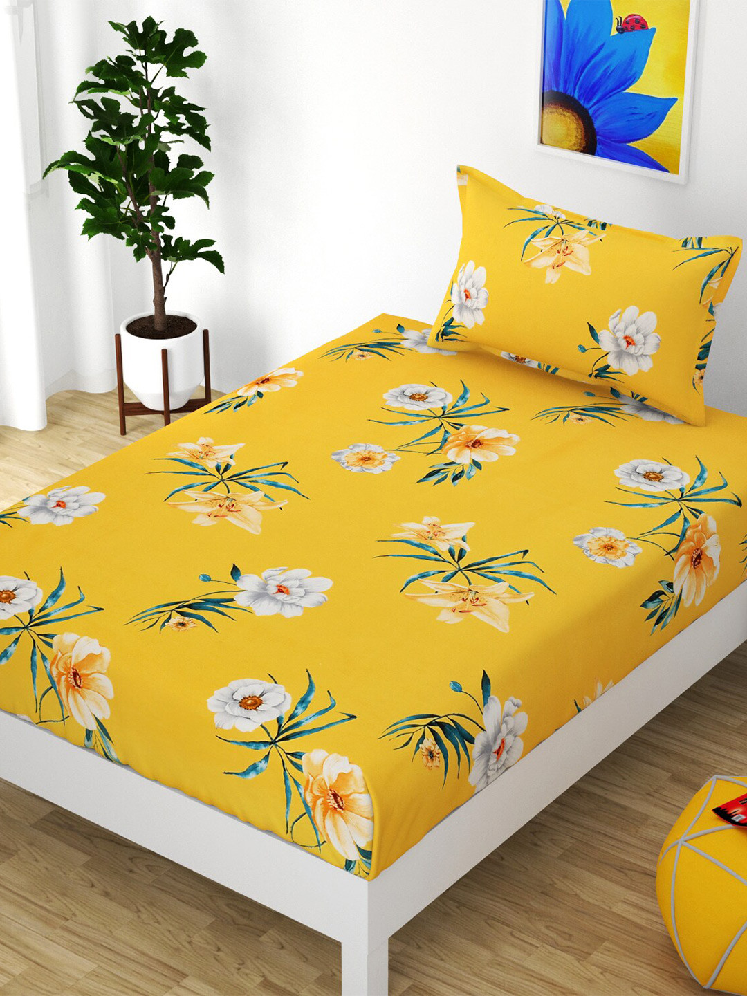 Bajo's Yellow Floral Cotton 210 TC Fitted Single Fine Bedsheet with a Pillow Cover-90 x 200 cm