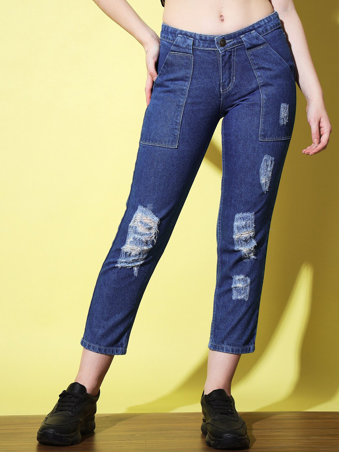 The Dry State Women Blue Highly Distressed Mom Fit Cropped Jeans