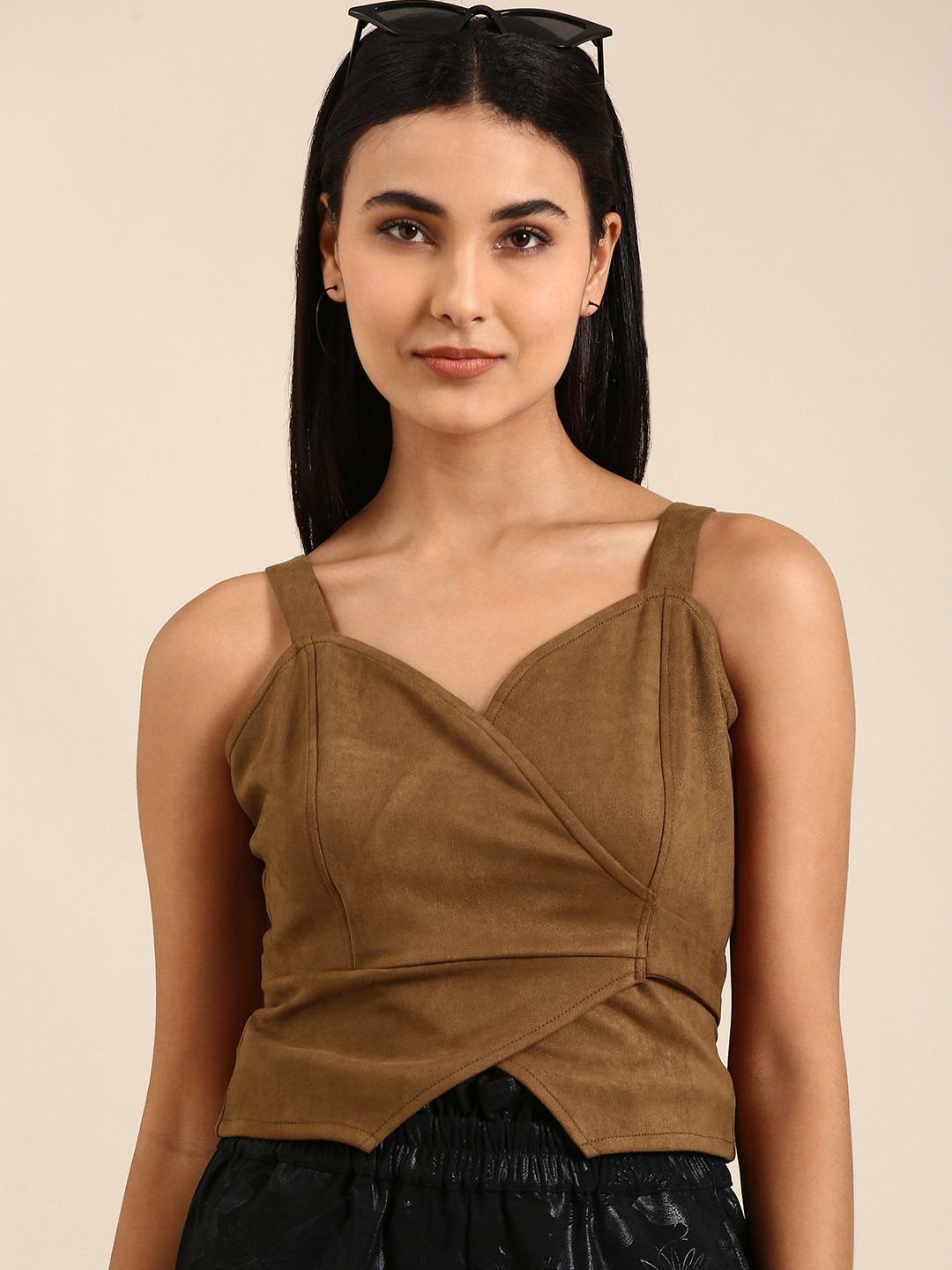 Athena Brown Solid Soulder Straps Wrap Top