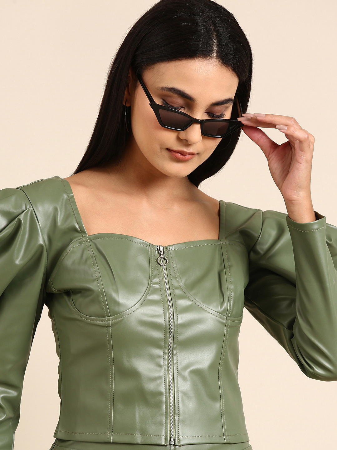 Athena Women Green Power Sleeves Sweetheart Neck Top