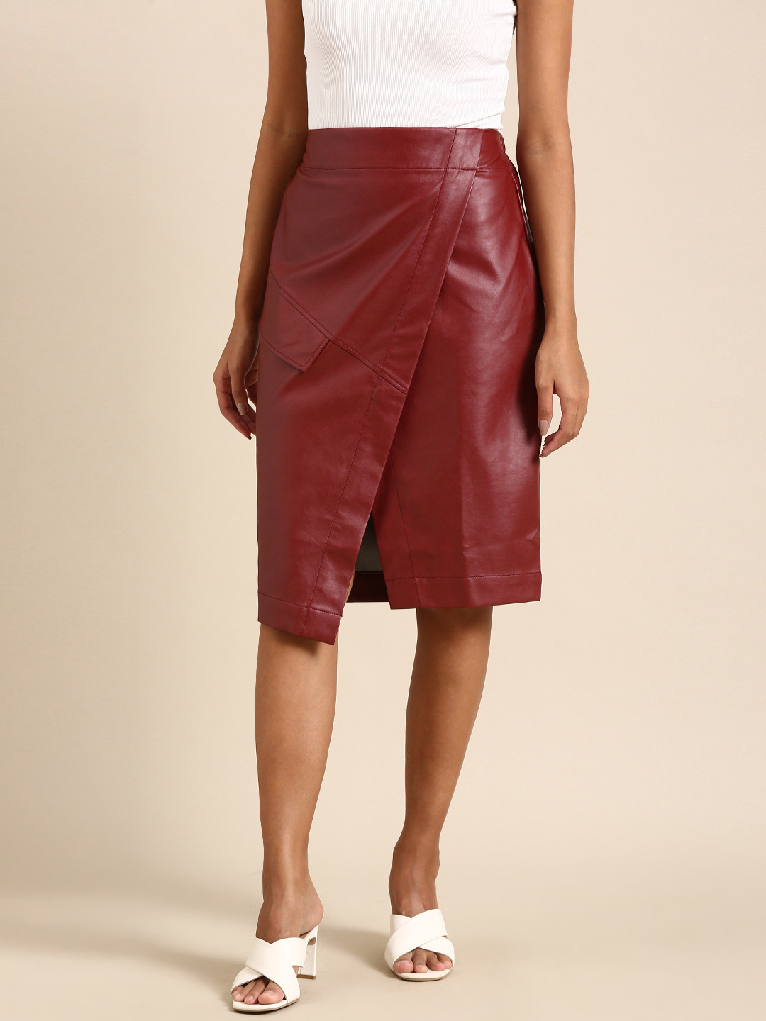 Athena Women Maroon Wrap Skirt with Front Slit