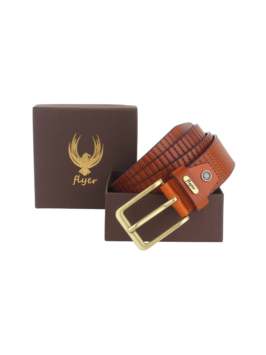 Flyer Men Tan Striped Leather Formal Belt