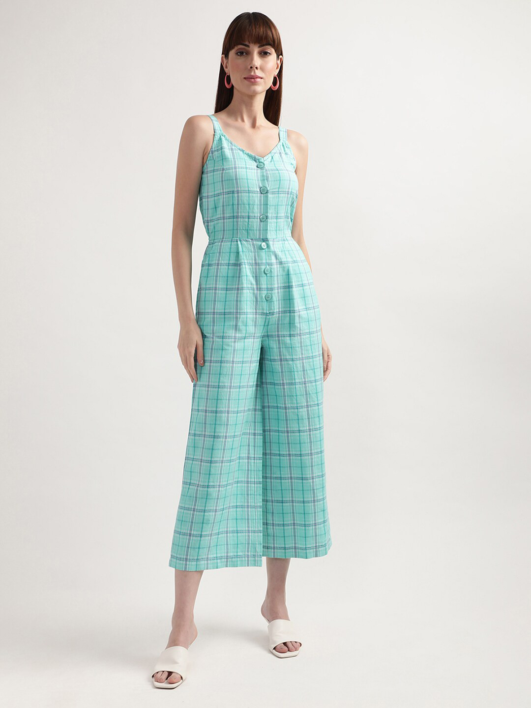 ELLE Women Turquoise Blue & Blue Linen Checked Basic Jumpsuit