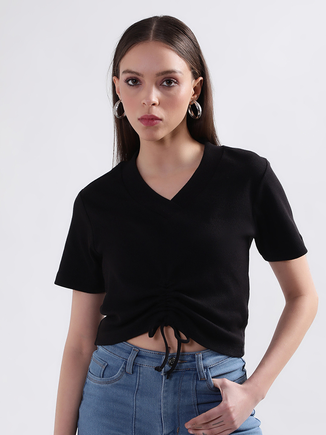 ELLE Women Black V-Neck T-shirt
