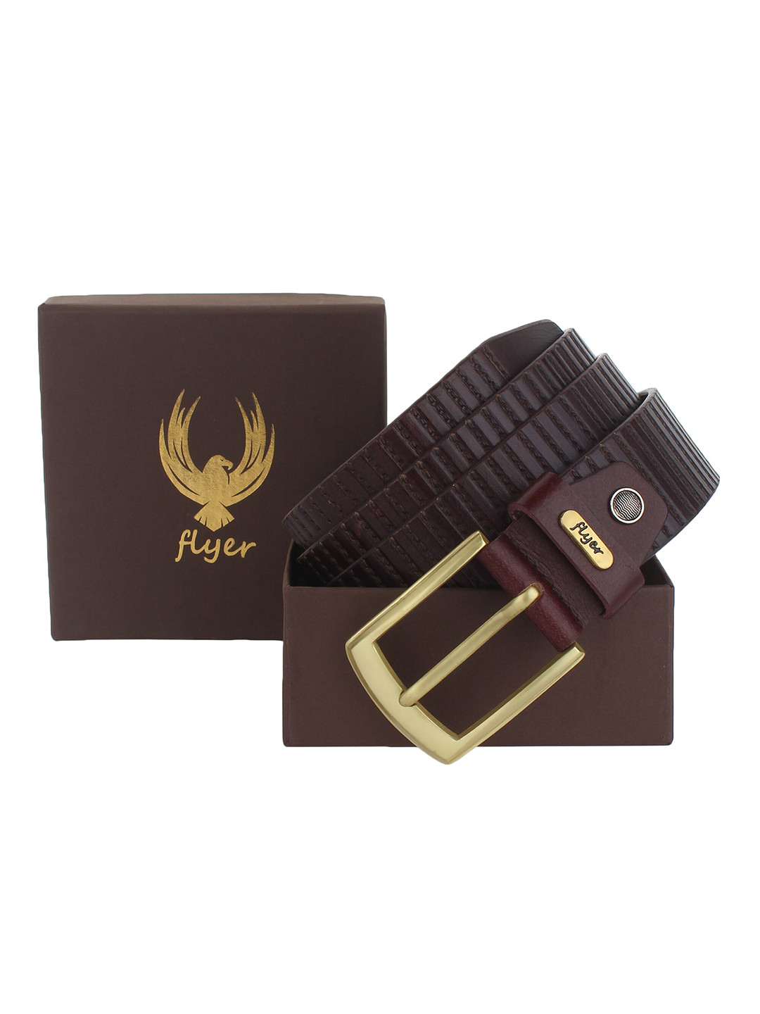 Flyer Men Brown Striped Leather Formal Belt