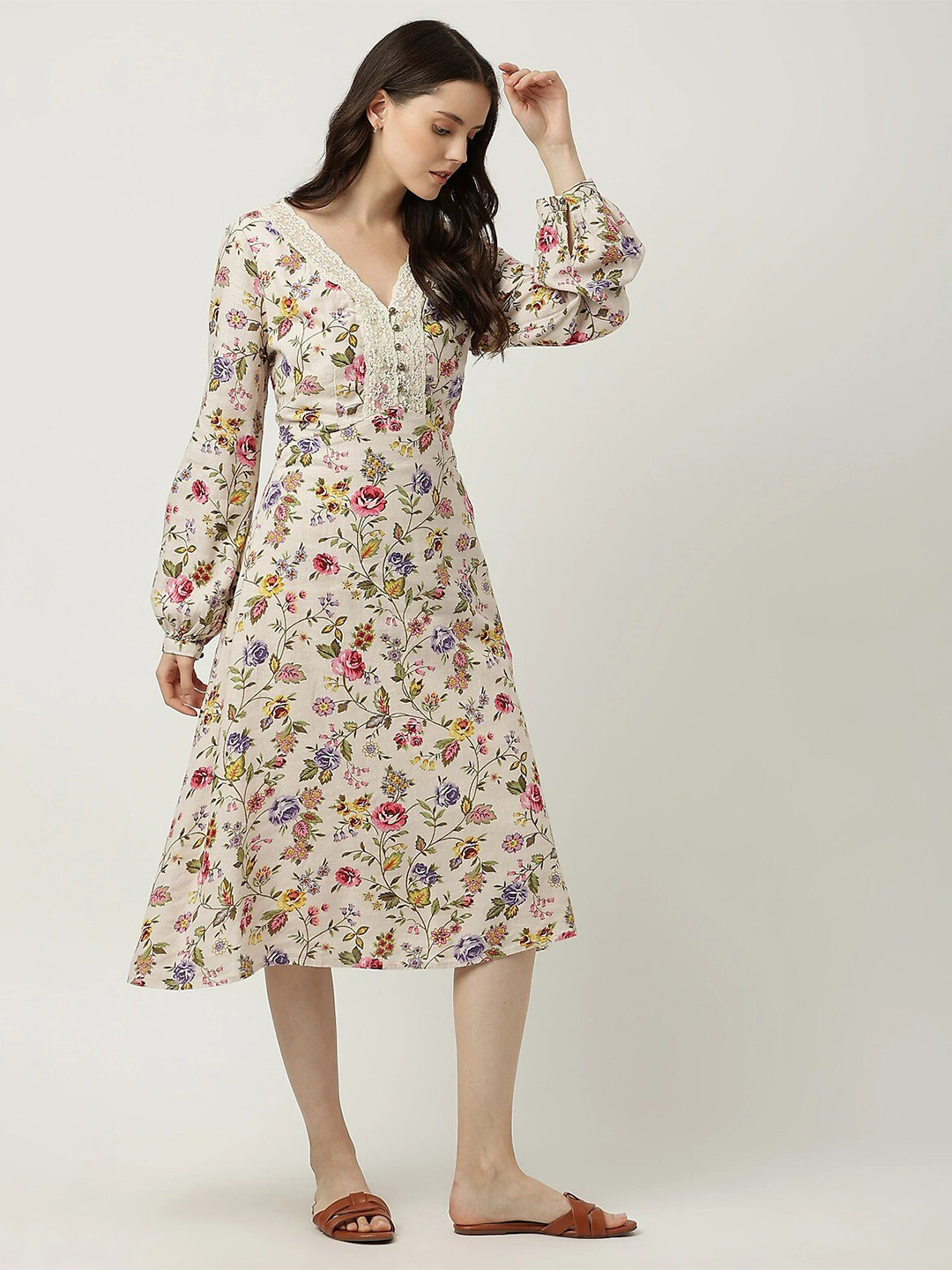 Marks & Spencer Women Beige & Pink Floral Linen Midi Dress