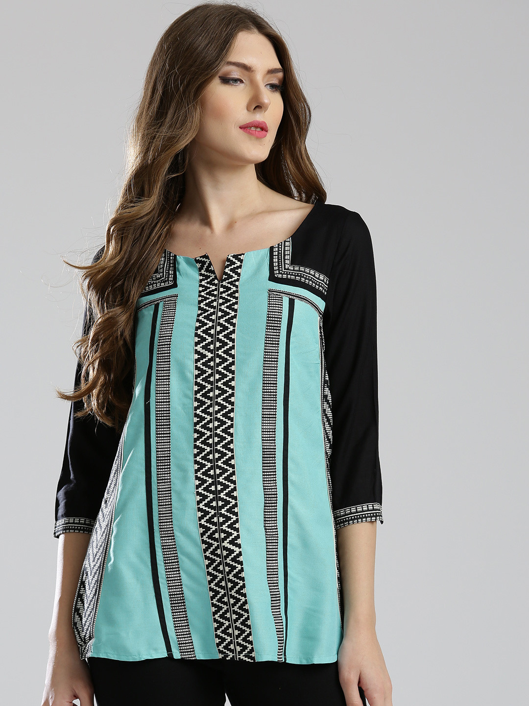 W Women Blue & Black Printed A-Line Top