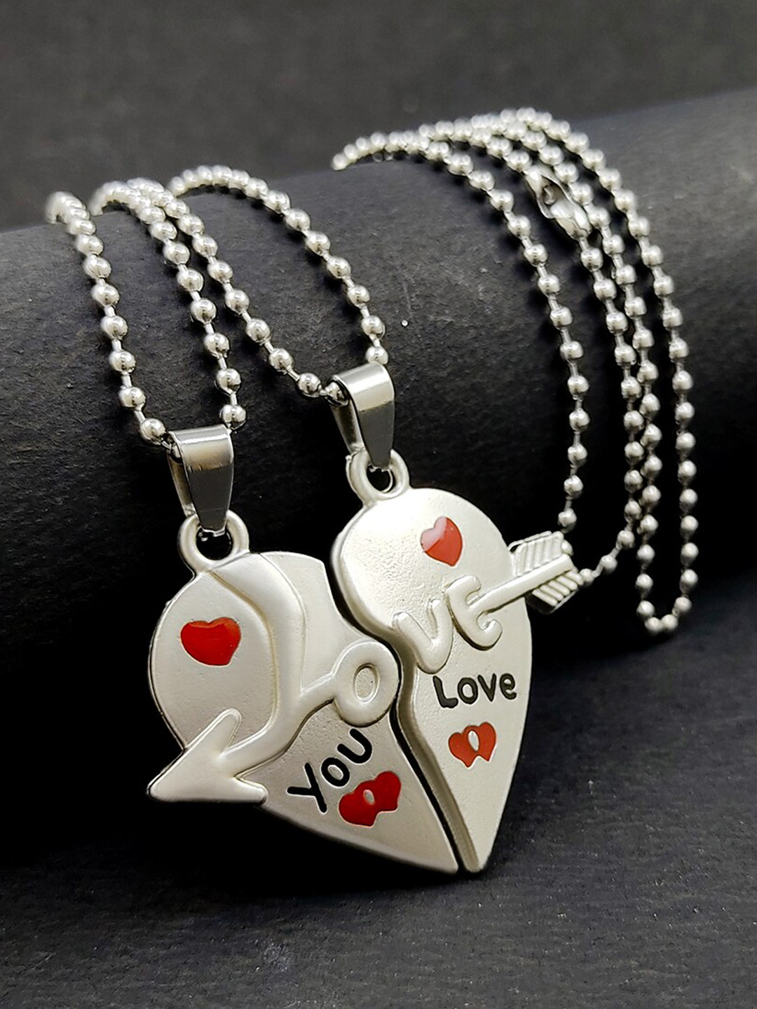 Saizen Set Of 2 Silver-Plated Dual Heart Love locket Pendant With Chain