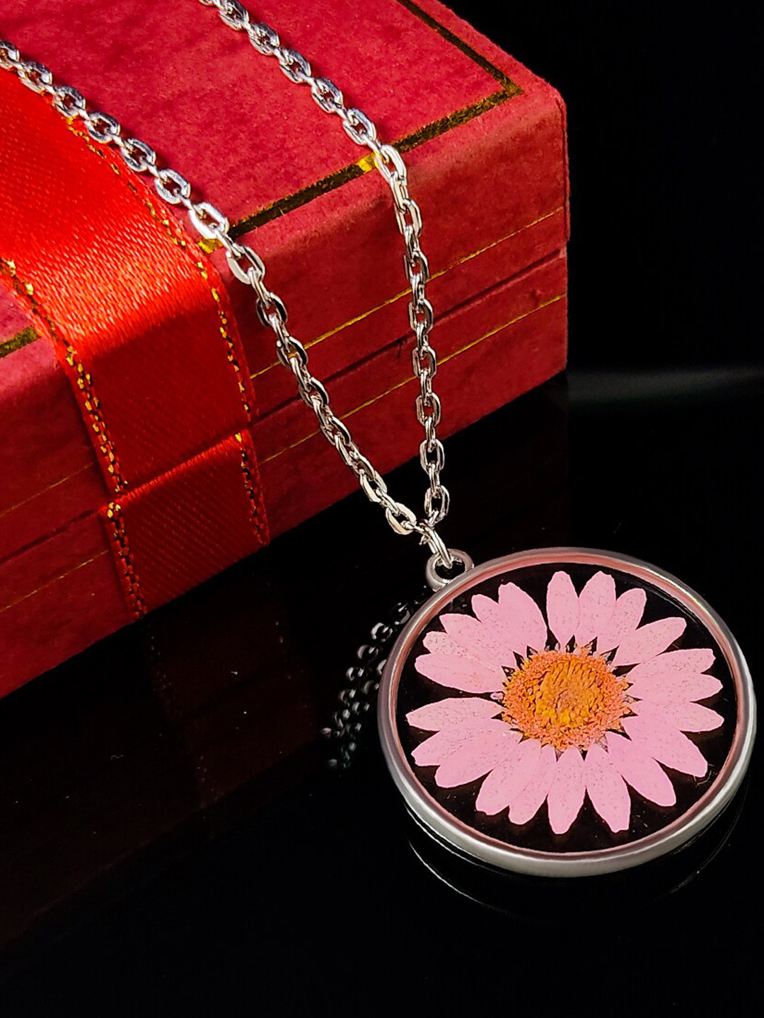 Saizen Silver-Plated Dry Pink Sunflower Design Pendant
