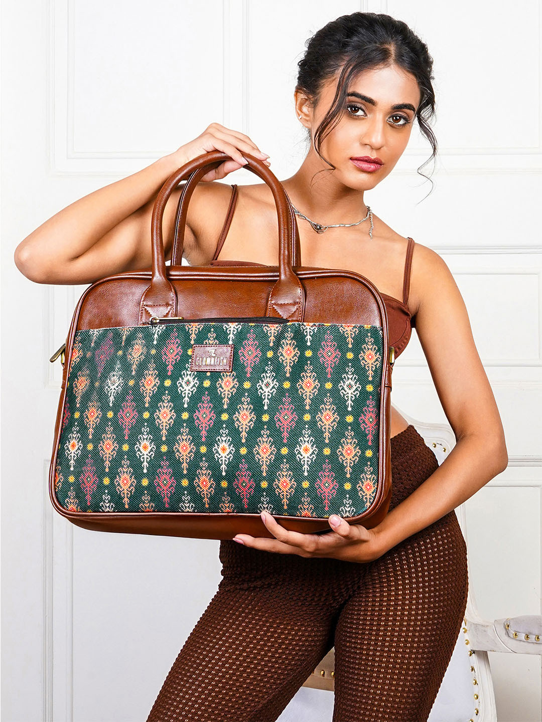 THE CLOWNFISH Deborah Unisex Brown & Green Printed Messenger Bag