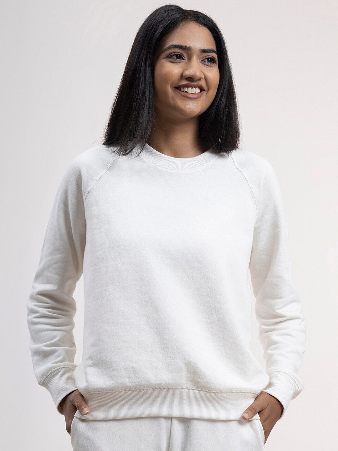 FableStreet Women Off White Round Neck Sweatshirt