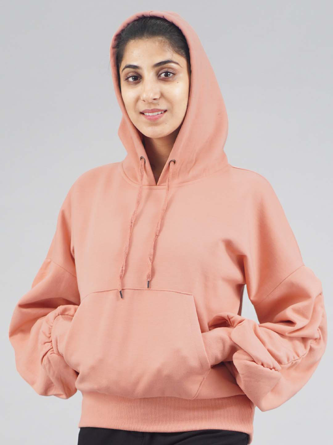 IMPERATIVE Women Peach-Coloured Hooded Cotton Sweatshirt