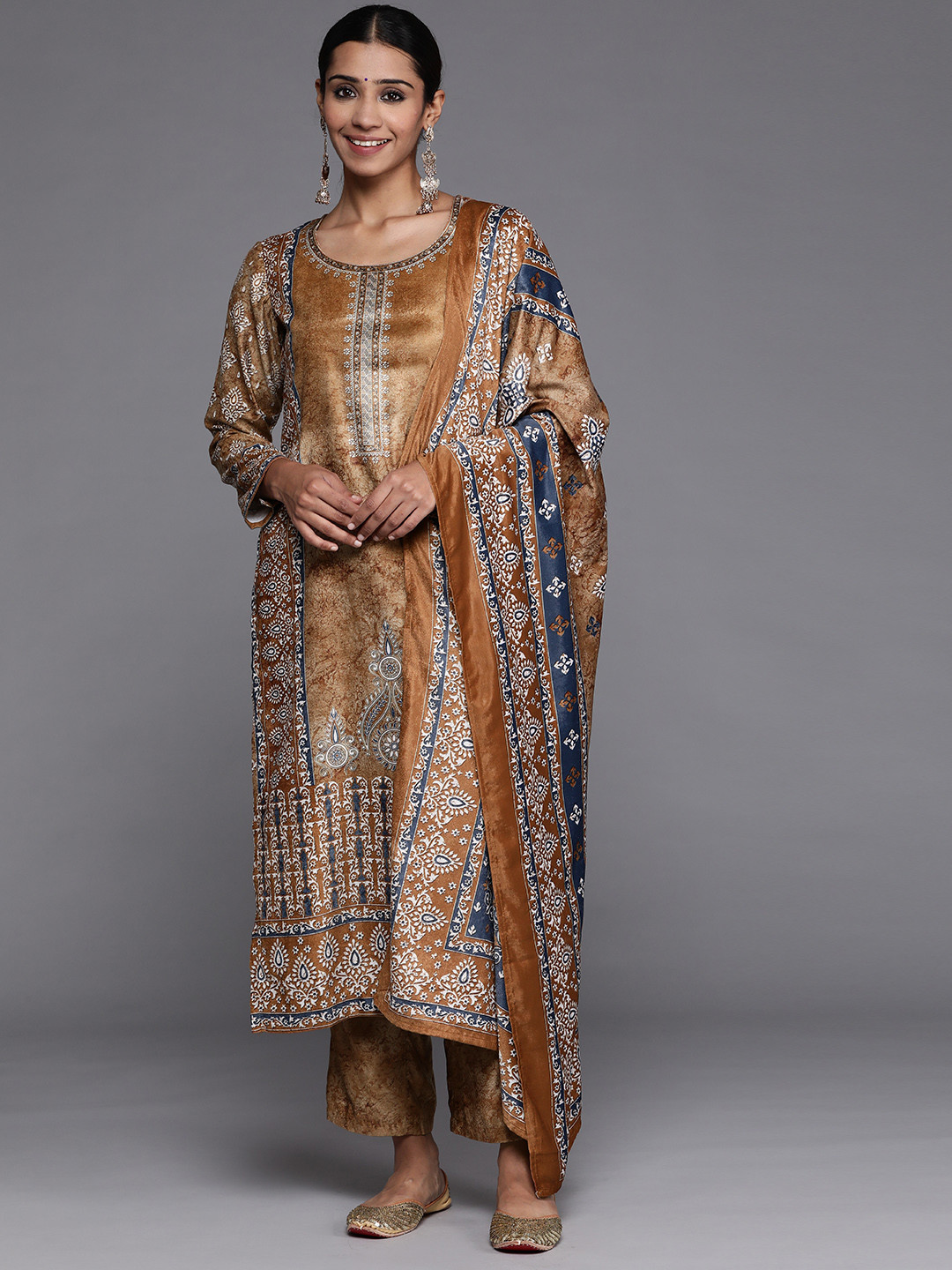 Libas Women Mustard Yellow Ethnic Motifs Printed Velvet Kurta with Trousers & With Dupatta