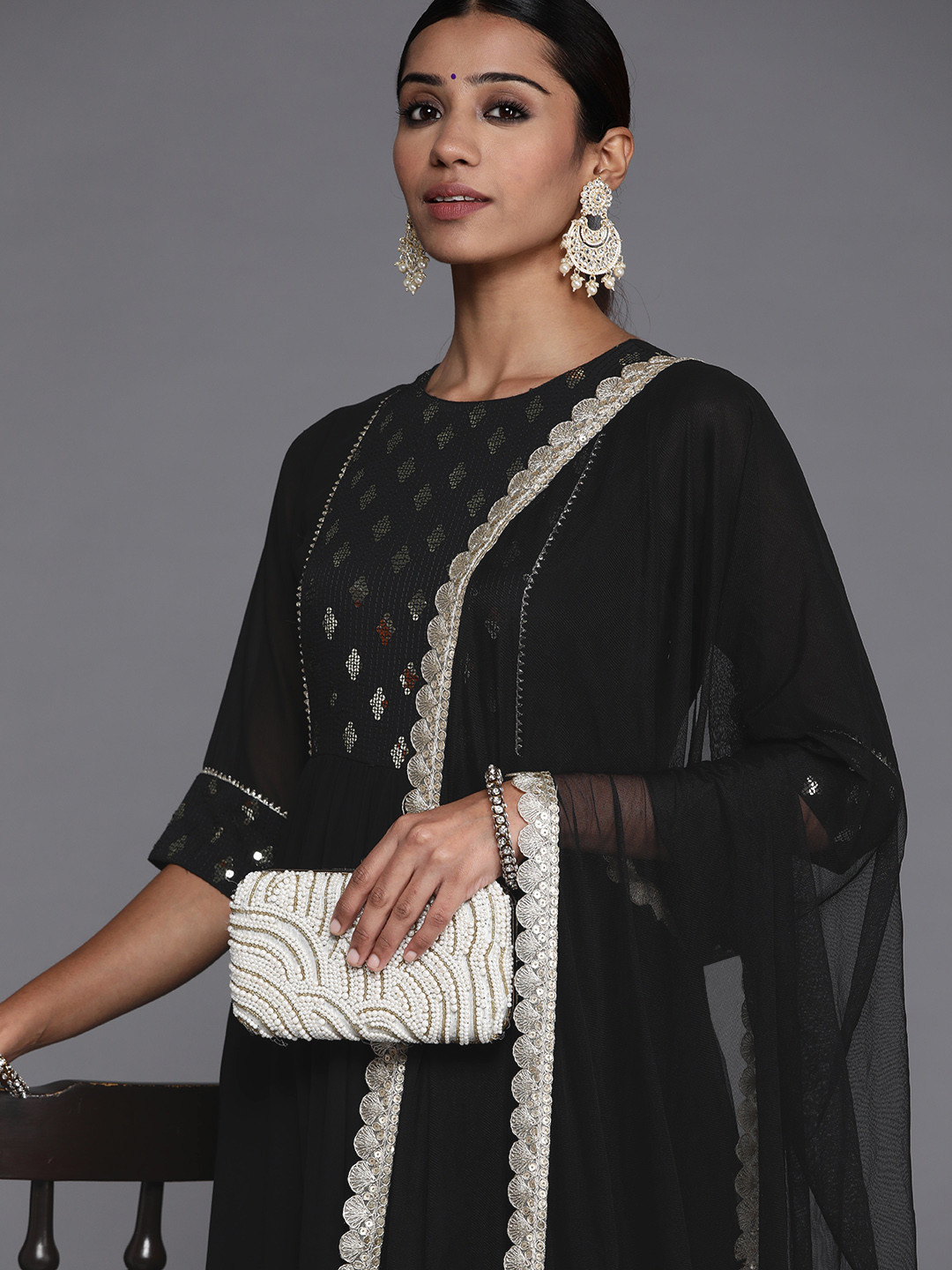 Libas Womens Black Yoke Design Georgette Anarkali Kurta With Churidar & Dupatta