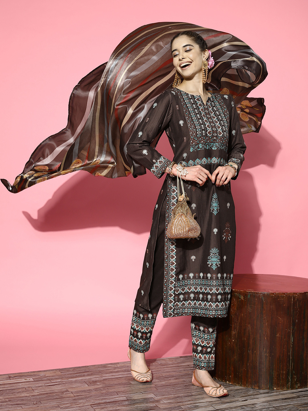 Libas Brown & Blue Ethnic Moifs Print Kurta with Trousers & Dupatta