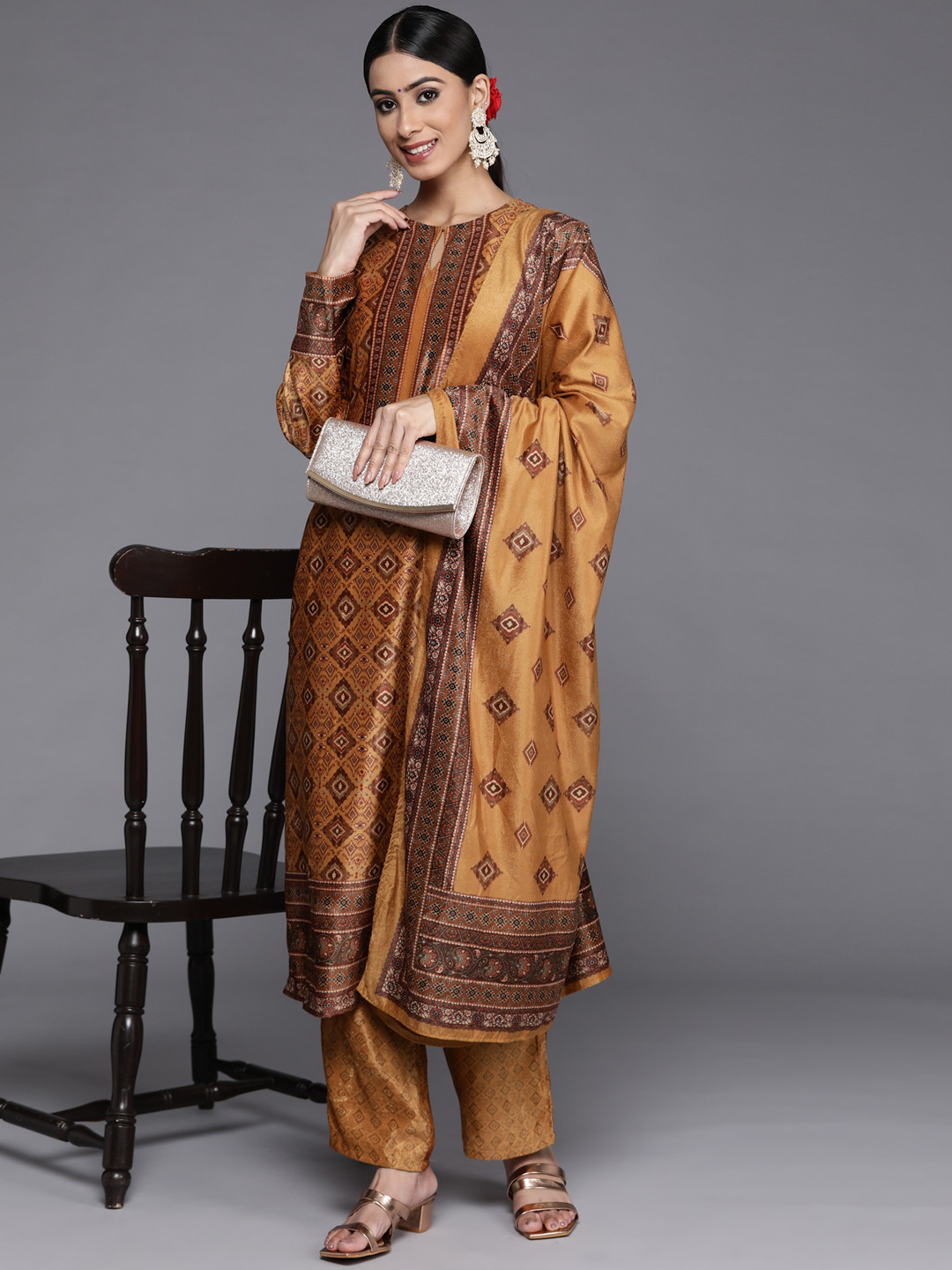 Libas Women Mustard Yellow Ethnic Motifs Printed Velvet Kurta with Trousers & With Dupatta