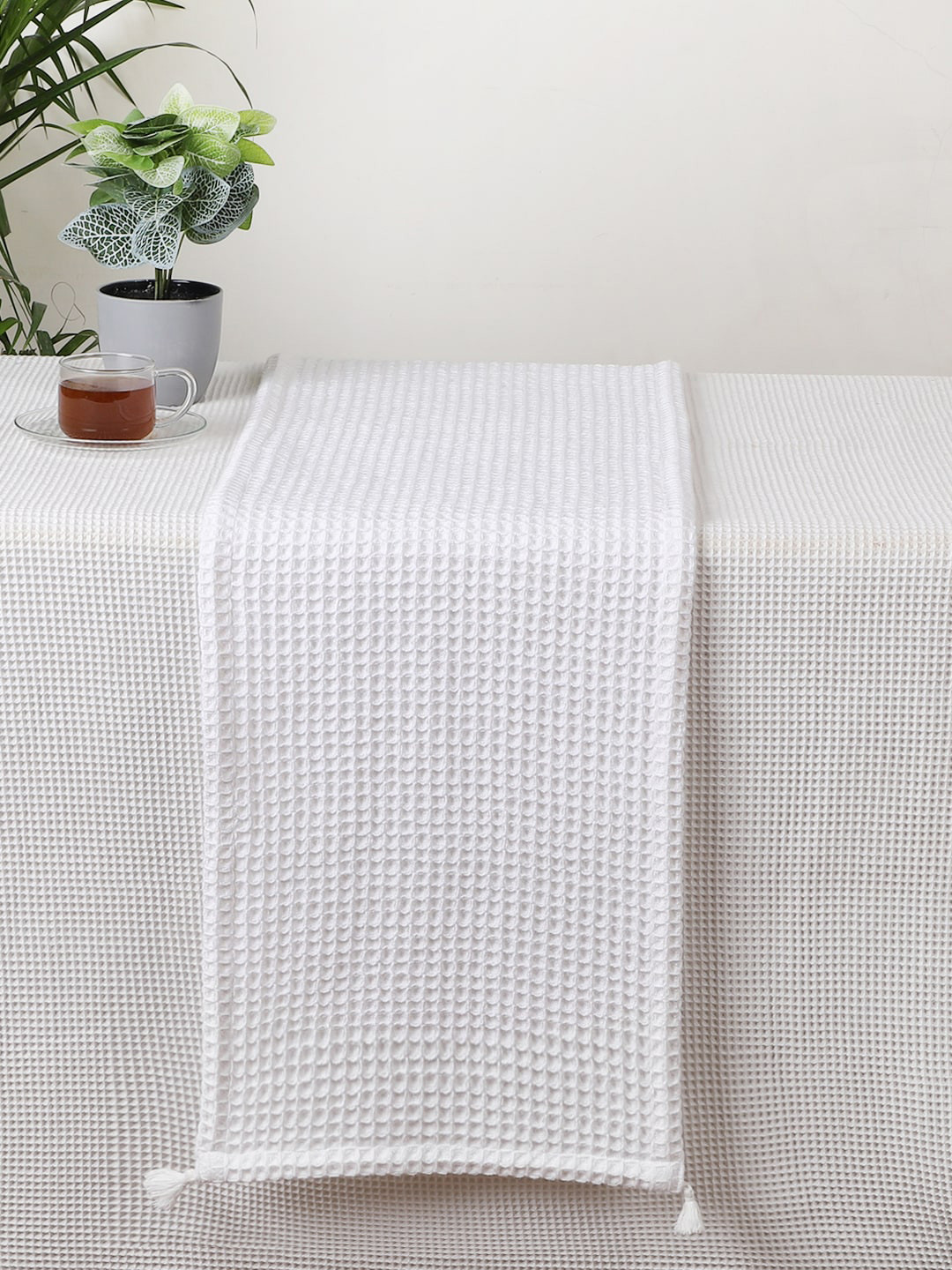 Jamio Firati White Textured Pure Cotton Dining Table Runner