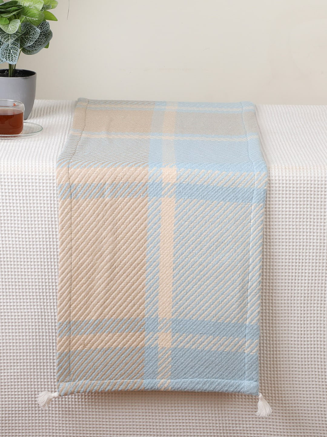 Jamio Firati Blue & Peach Striped Rectangular Pure Cotton Table Runner