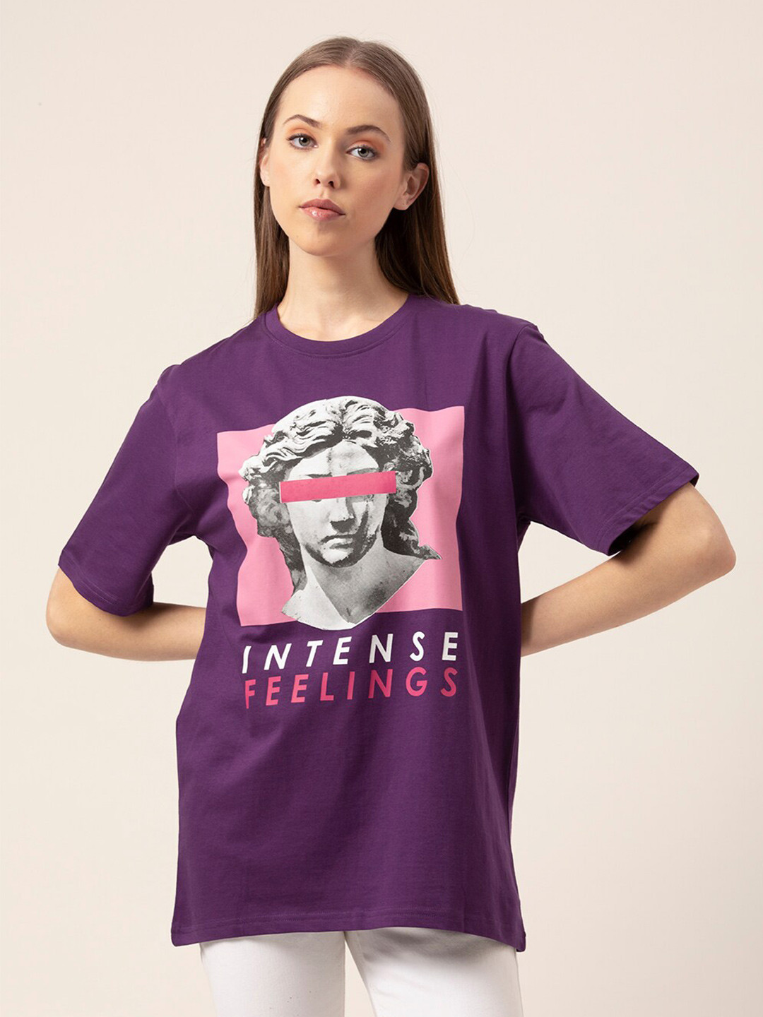 Lounge Dreams Women Purple Printed Oversized Cotton T-shirt