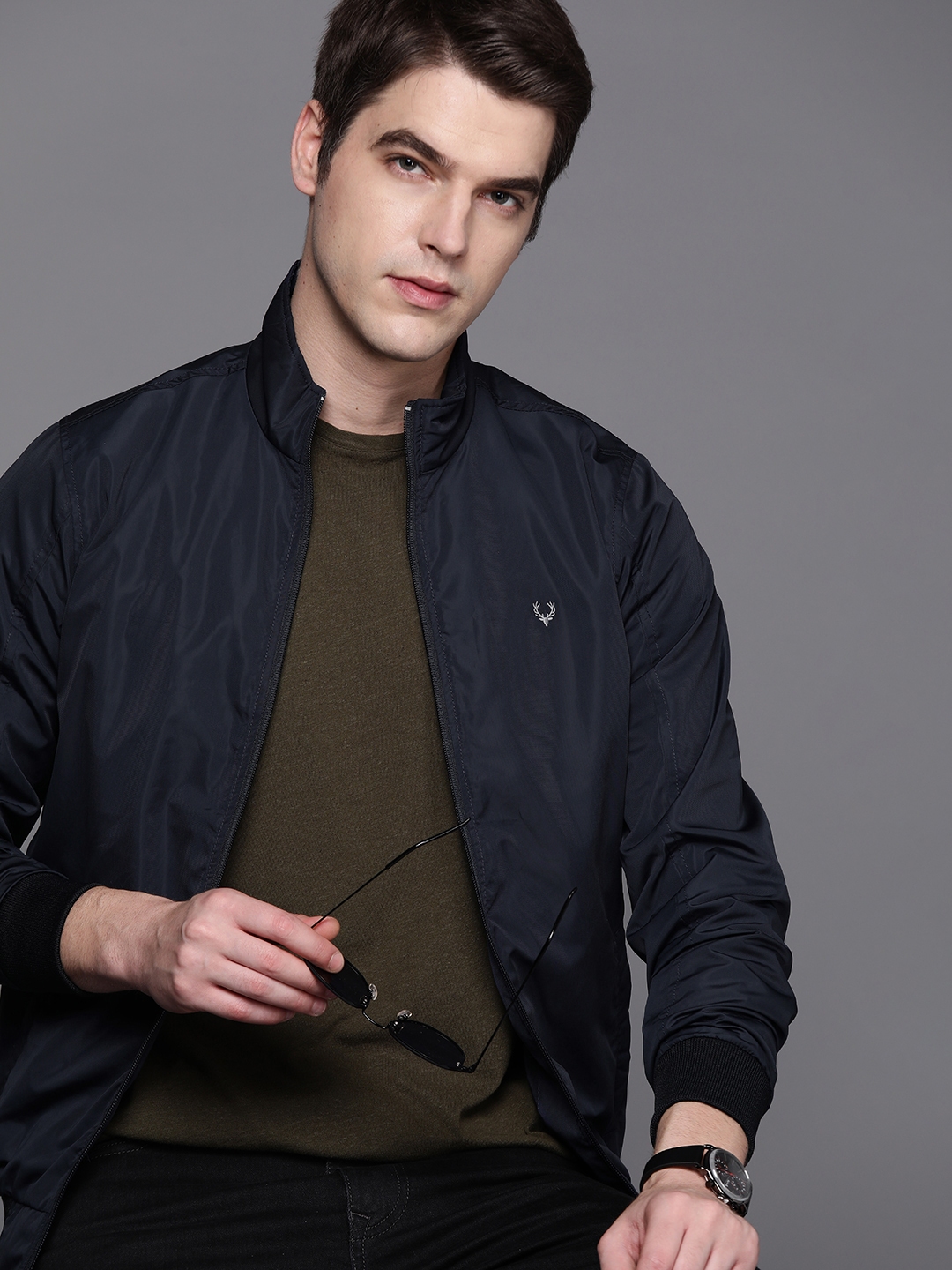 Buy Allen Solly Sport Men Navy Blue Mock Collar Bomber Jacket