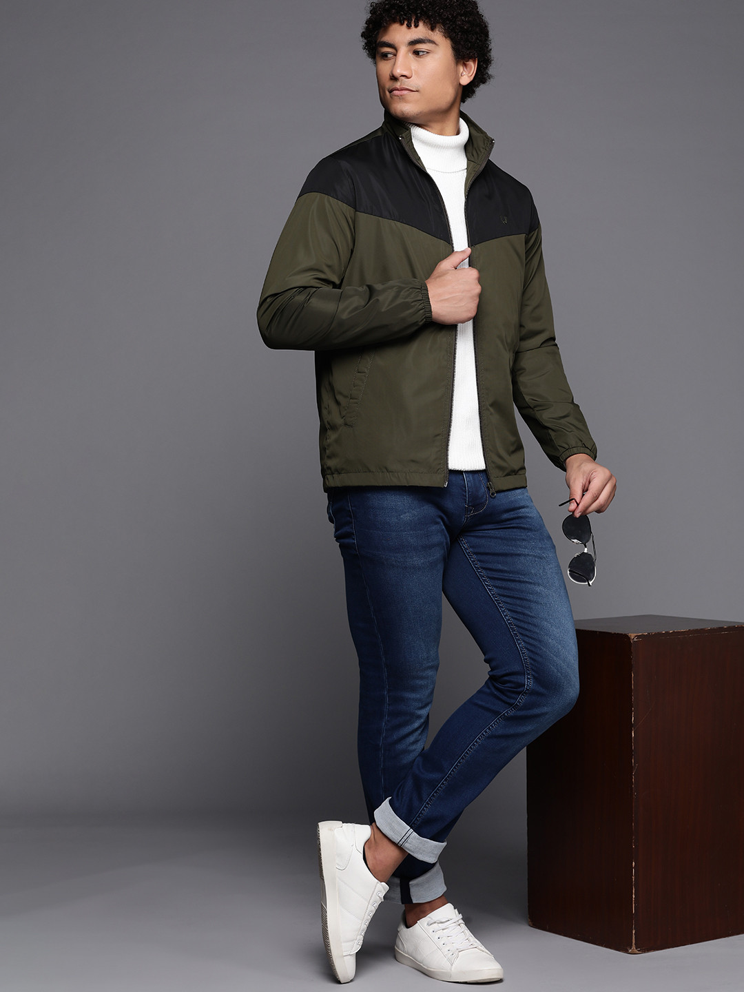 Allen Solly Sport Olive Green & Black Colourblocked Bomber Jacket