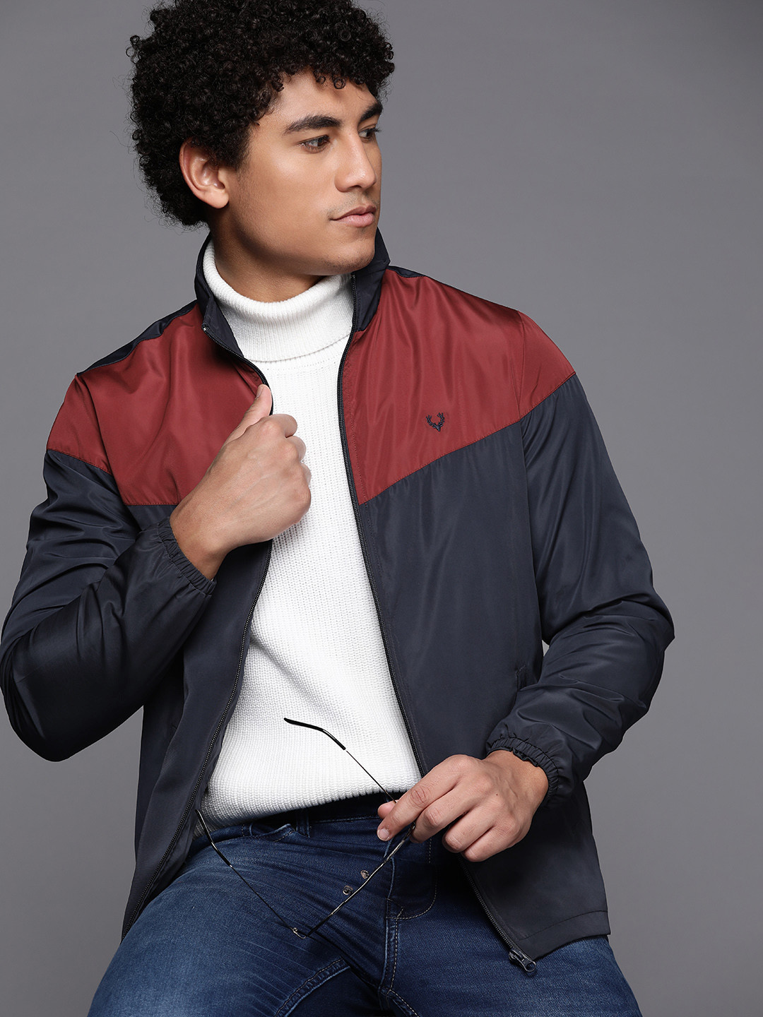 Allen Solly Sport Men Navy Blue & Red Colourblocked Tailored Jacket