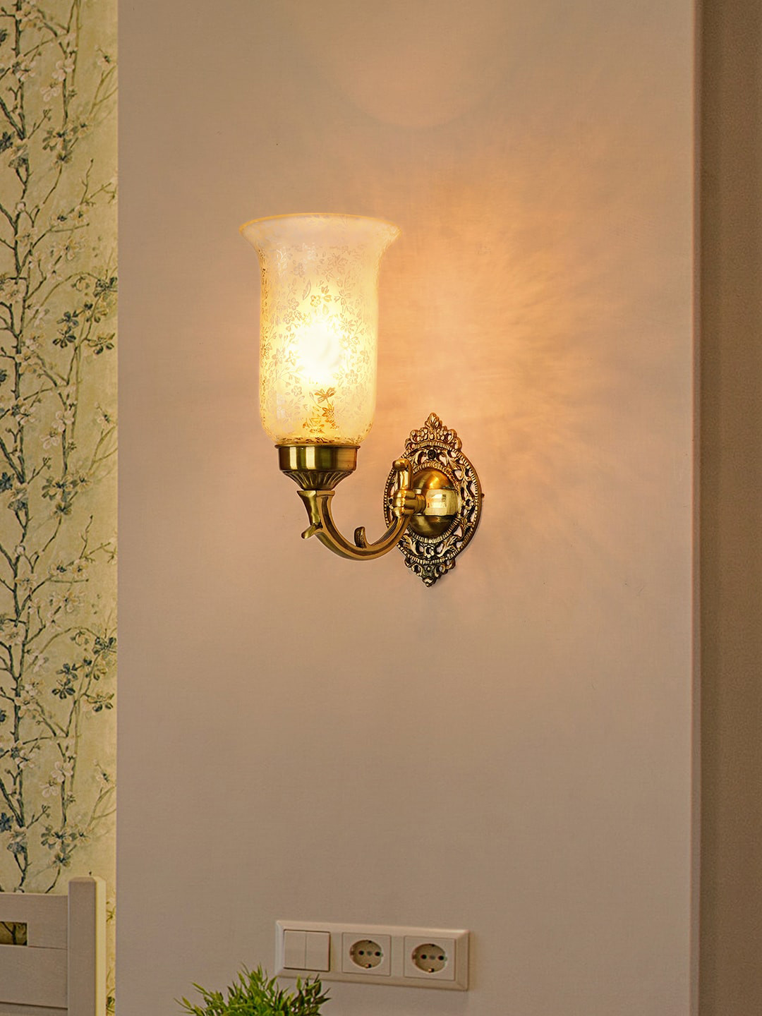 Fos Lighting Gold-Toned & White Wall Sconce With Floral Etched Glass Shades