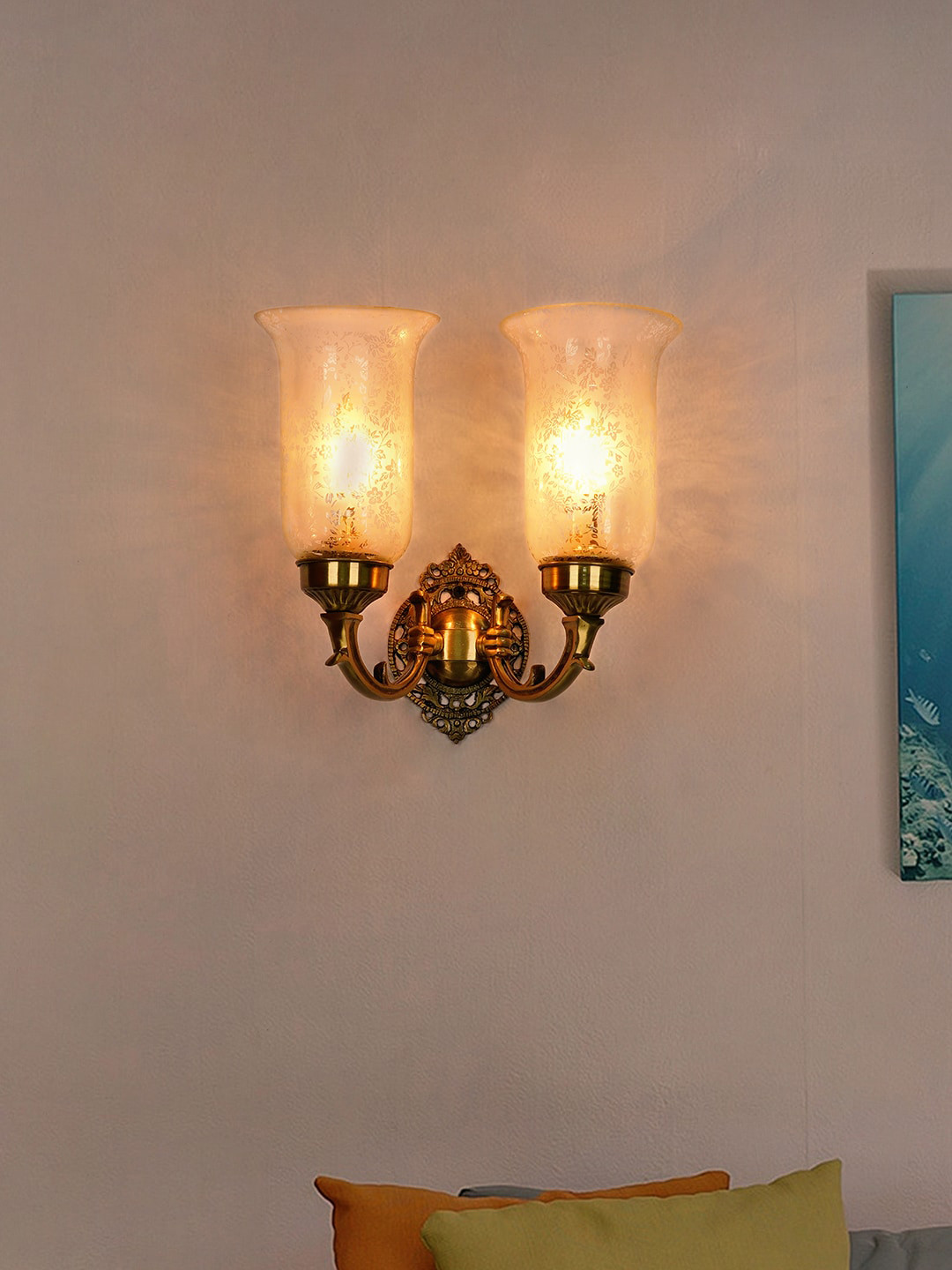 Fos Lighting White & Gold-Toned & White Wall Sconce With Floral Etched Glass Shades