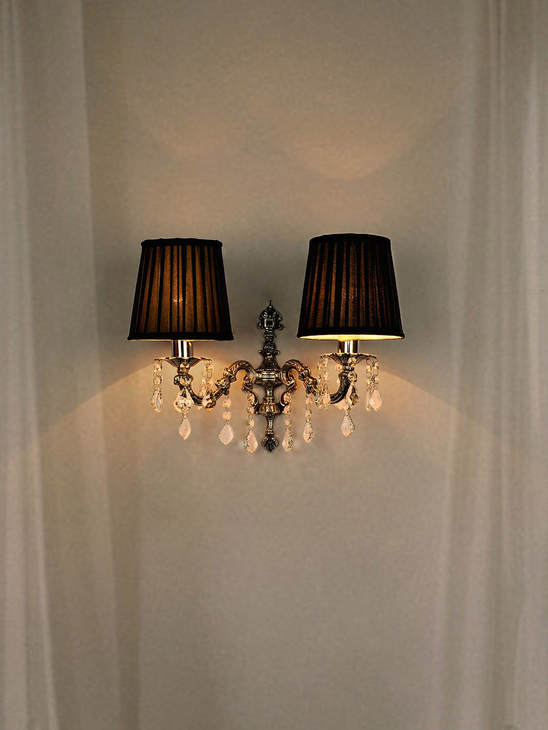 Fos Lighting Silver-Toned & Black Wall Lamp With Pleated Black Fabric Shades