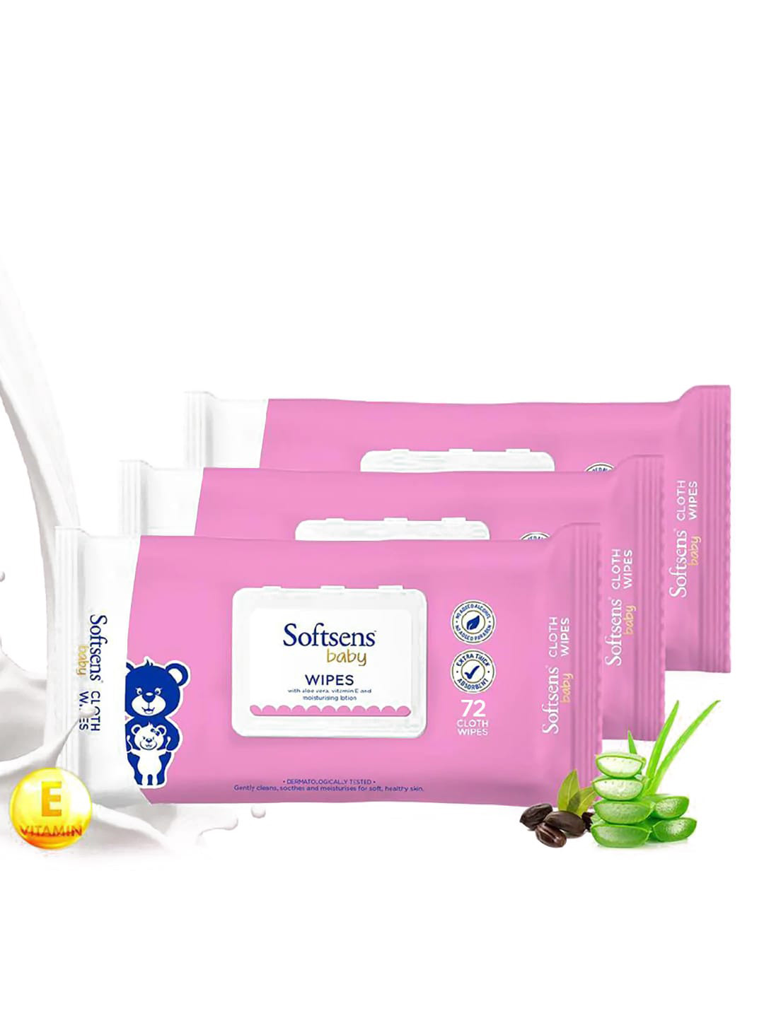 Softsens Kids Set Of 3 Bio-Degradable Baby Wipes with Aloe Vera & Vitamin E- 72 Wipes Each