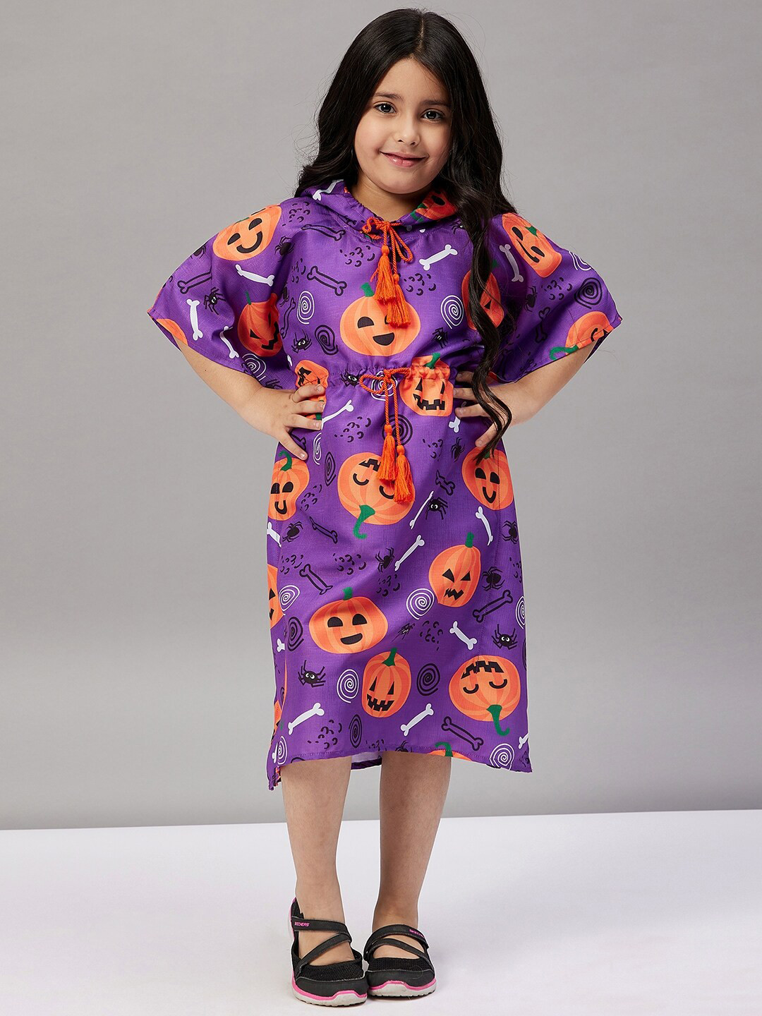 The Kaftan Company Girls Purple & Orange Printed Hooded Cotton Kaftan Dress