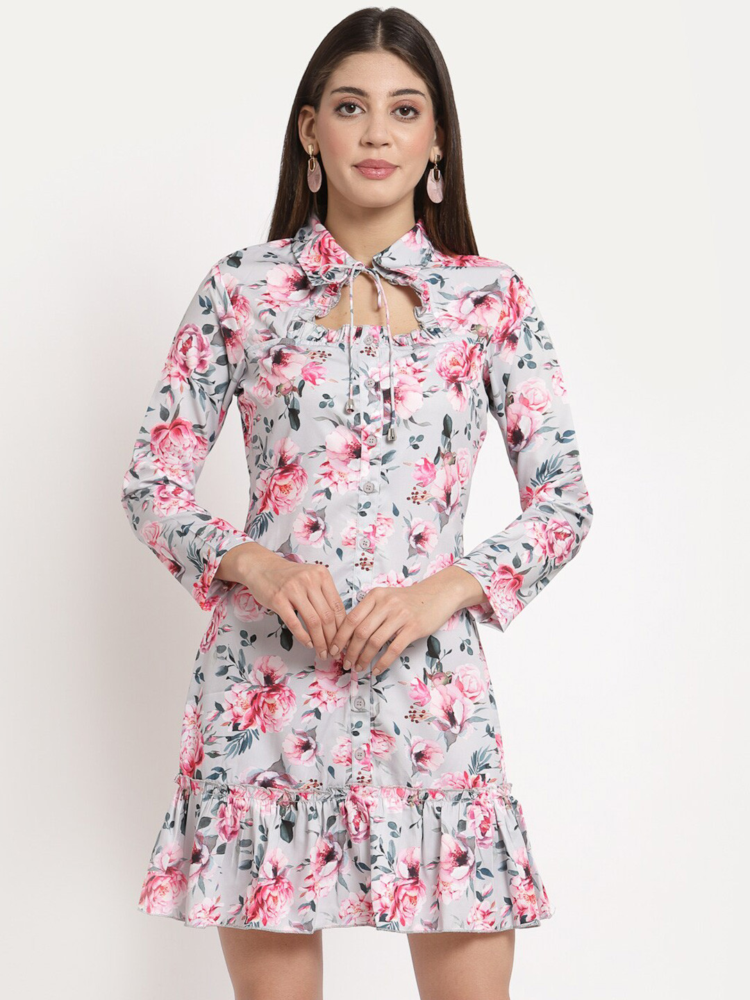 aayu Women Grey & Pink Floral Tie-Up Neck Crepe A-Line Dress