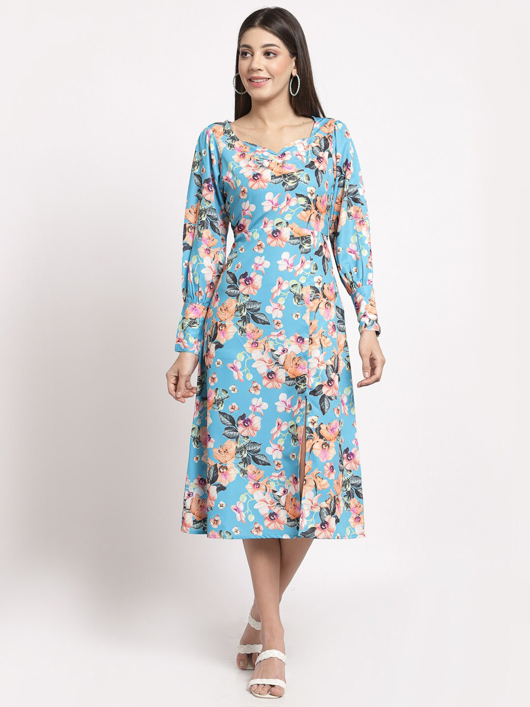 aayu Women Blue & Pink Floral Crepe A-Line Slit Dress